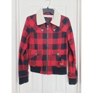 Y2k Moto Fox Girls Buffalo Plaid Bomber Jacket Red Black‎ Sherpa Collar Small